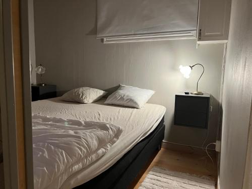 a bedroom with a bed and a lamp on a night stand at Lillhuset in Järbo