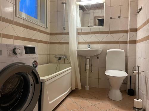 a bathroom with a washing machine and a sink at Lillhuset in Järbo