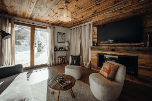 a living room with a couch and a fireplace at Nards furnished chalet in Praz-sur-Arly
