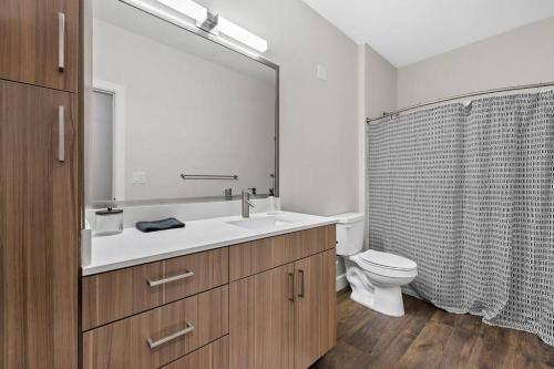 een badkamer met een wastafel, een toilet en een spiegel bij The Platinum Suite Penthouse The Gulch in Nashville