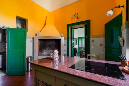 クトロフィアーノにあるVilla Sirgole 1897の緑とオレンジの壁のキッチン、暖炉