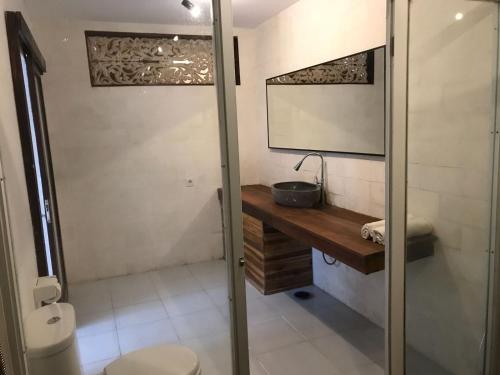 ein Badezimmer mit Waschbecken, Spiegel und Toilette in der Unterkunft De, dalam secret nature in Ubud