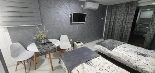Cozzy apartment near the Aiport Podgorica في بودغوريتسا: غرفة نوم بسريرين وطاولة وتلفزيون