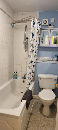 a bathroom with a white tub and a toilet at Millhill St Dunfermline in Dunfermline