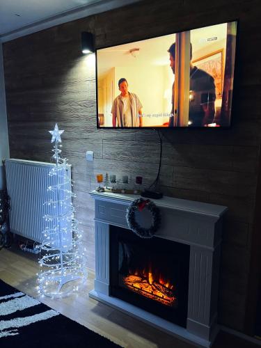 a living room with a fireplace with a tv above it at Alpin Apartments Vlašić in Vlasic