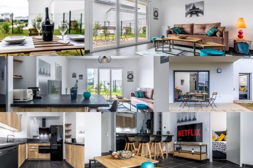 eine Collage mit Fotos von einer Küche und einem Wohnzimmer in der Unterkunft King Size Bed - Free Private Parking - Garden & Terrace - 14min from DisneyLand in Ferrières-en-Brie