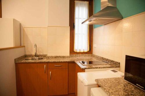 a small kitchen with a sink and a stove at Cumbres de los Picos Apartamento Buhos in Poo de Cabrales