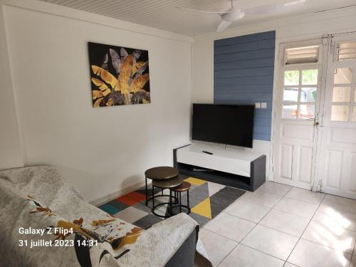 een woonkamer met een bank en een flatscreen-tv bij Patoulocation in La Trinité