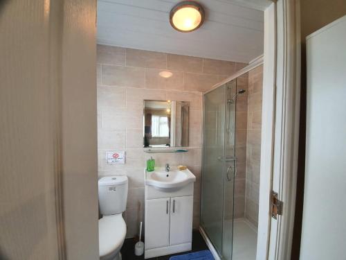 La salle de bains est pourvue de toilettes, d'un lavabo et d'une douche. dans l'établissement Eastwood Rooms, à Goodmayes