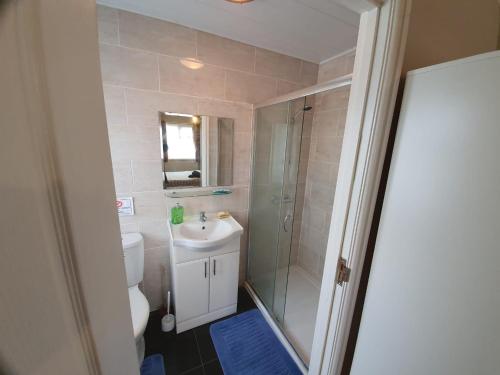 a bathroom with a shower and a sink and a toilet at Eastwood Rooms in Goodmayes