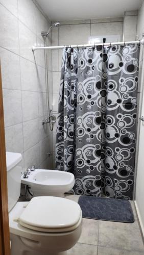 聖拉斐爾的住宿－Oasis Urbano 2，一间带卫生间和淋浴帘的浴室
