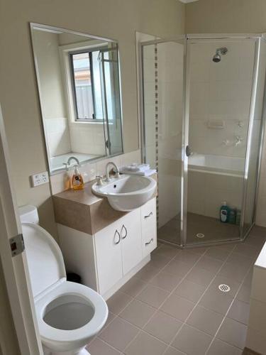 a bathroom with a toilet and a sink and a shower at Tasha's Apartments - Andrews Farm in Smithfield
