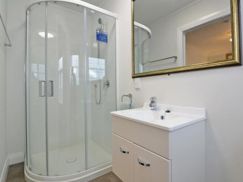 a bathroom with a shower and a sink and a mirror at Richmond Guest House in Wellington