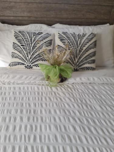 - un lit blanc avec 2 oreillers et une plante dans l'établissement Green Door Oasis, à Christ Church