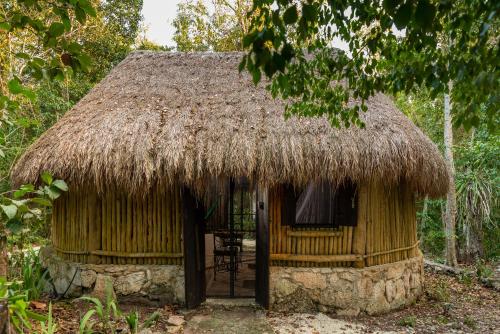 a hut with a straw roof with a chair in it at Villa Maya - Glamping - Natural Reserve in Cozumel
