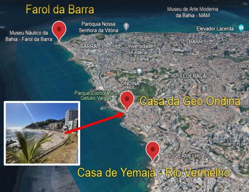 a map of the island of zamboanga with a red marker at Casa da Geo Ondina - Frente de Praia in Salvador
