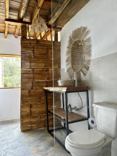a bathroom with a toilet and a mirror at Finca el Manantial Isnos in Isnos