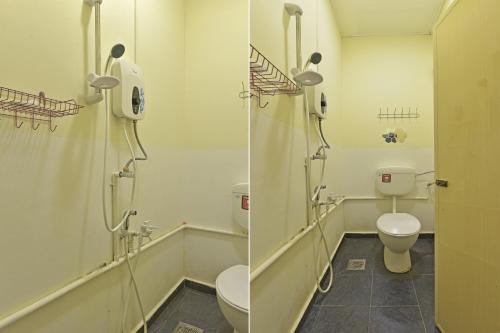 2 Bilder eines Badezimmers mit WC und Dusche in der Unterkunft Dimensi Hotel in Kampong Alor Gajah