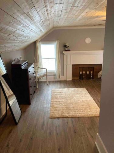 a living room with a rug and a window at Farmhouse with game room, fire pit and creek in Johnson City