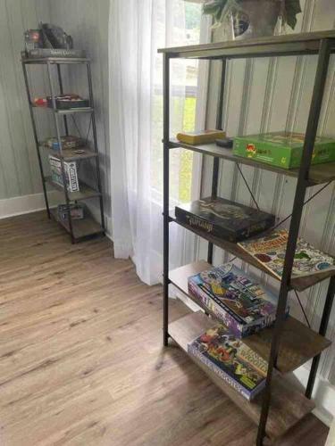 a room with a shelf with games on it at Farmhouse with game room, fire pit and creek in Johnson City