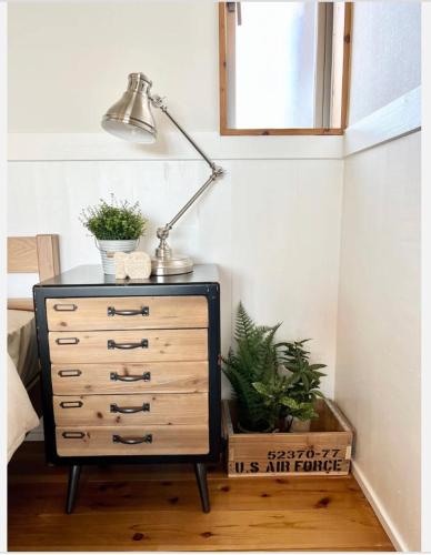 a dresser with a lamp and plants on top of it at ハルク キャビン in Nakijin