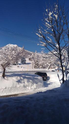 a car parked on a snow covered street with trees at Hotel Tae Windsor in Myoko