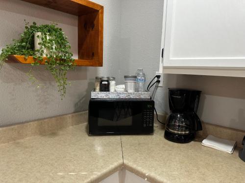 a kitchen counter with a microwave on a counter top at Traveler Stay PLUS in Eagle Pass