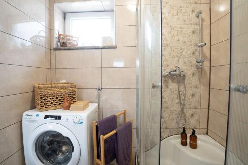 a bathroom with a washing machine and a shower at Pretty Jolie Romantic Getaway in Bled