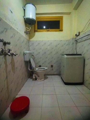 a bathroom with a toilet and a sink and a window at Orange sky home stay gadaGushaini near jibhi in Jibhi