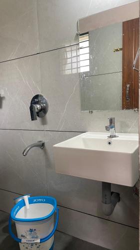a bathroom with a sink and a toilet and a mirror at Silver springs Homestay Chickmagalur in Chikmagalūr
