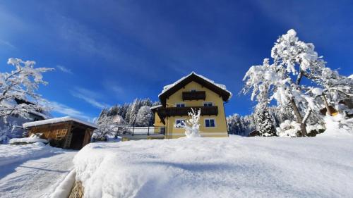 a house covered in snow in front of trees at Kalvarienberg Appartement Gosau in Gosau