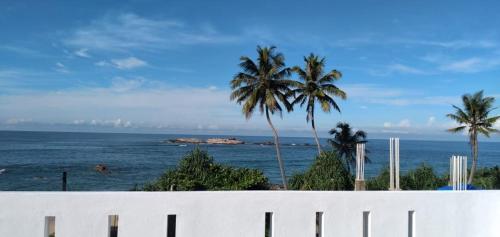 アンバランゴダにあるMariner's Beach Villaのヤシの木と白い柵が植えられた海の景色