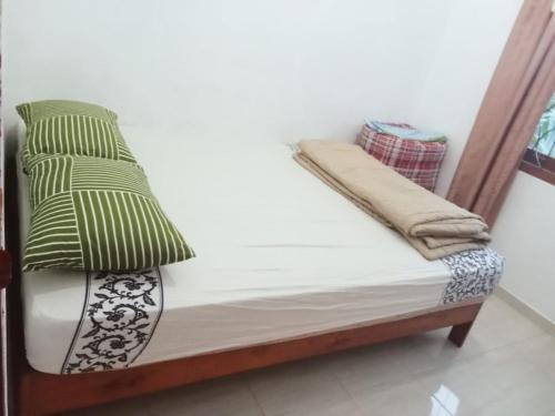Sungaitutung的住宿－Natural hot spring homestay，一张小床,上面有绿色枕头