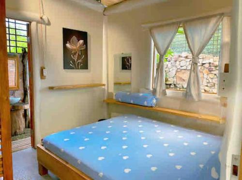 um quarto com uma cama azul e uma janela em Tropical Garden Oasis Villa em Phu Quoc