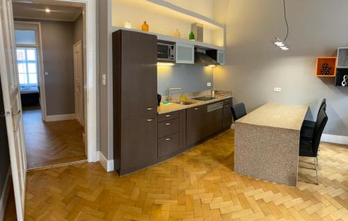 a kitchen with a counter and a table in a room at Holec Apartments in Prague