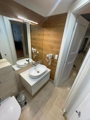 a bathroom with a sink and a toilet and a mirror at Holec Apartments in Prague