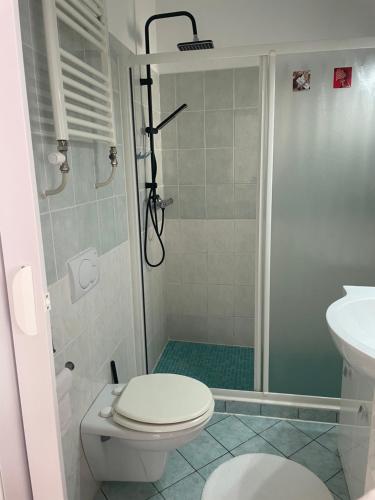 a bathroom with a shower with a toilet and a sink at Camera Enaj in Cadenazzo