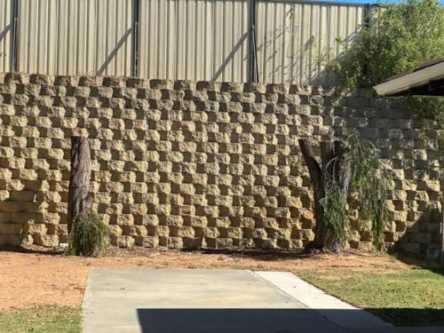 a stone wall with a tree in front of it at Leander Reef Holiday Park in Port Denison