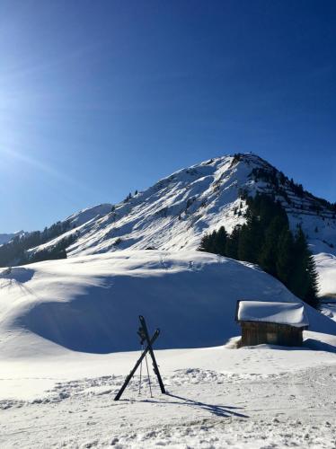 a pile of snow with a mountain in the background at Älpler Stuba Appartements am Lärchenhof in Warth am Arlberg