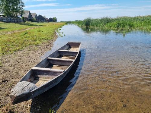 a wooden boat sitting on the shore of a river at Filipówka in Sztabin