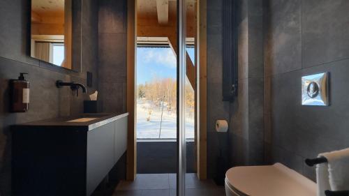 La salle de bains est pourvue d'un lavabo, de toilettes et d'une fenêtre. dans l'établissement Wilcza For Rest, à Karpacz