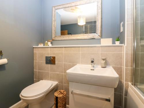 La salle de bains est pourvue de toilettes, d'un lavabo et d'un miroir. dans l'établissement 11 Ambleside Court, à Banchory