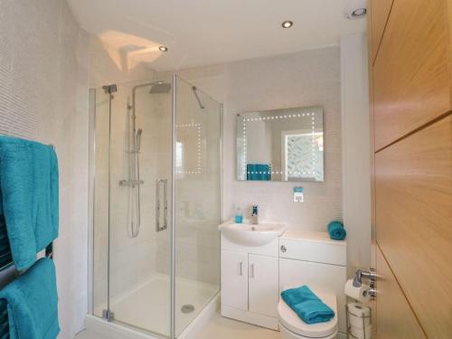 a bathroom with a shower and a toilet and a sink at BRANTLEA Detached 4 Bed Home, Hot Tub, Lake View, Parking, Pet Friendly in Bowness-on-Windermere