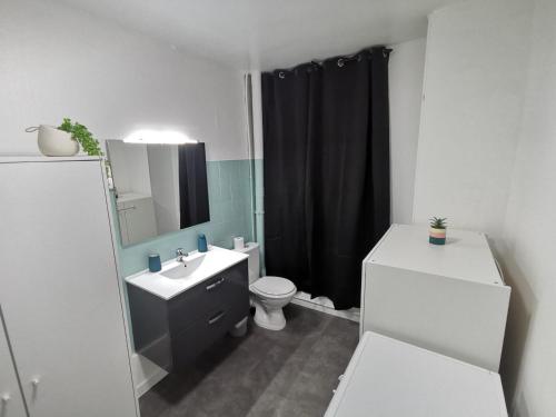 baño con cortina de ducha negra y aseo en Bloody Mary, en Sens