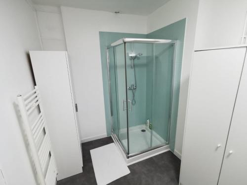 une salle de bain avec une douche avec une porte vitrée dans l'établissement Bloody Mary, à Sens