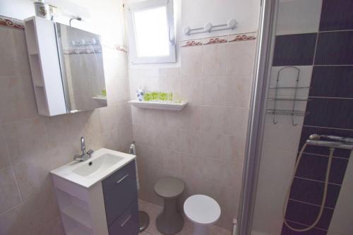 uma casa de banho com um WC, um lavatório e um chuveiro em Maison de campagne proche d'Agen em Lafox