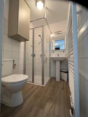 a bathroom with a toilet and a shower and a sink at Schorrebloem 34* in Nieuwvliet