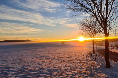 a snowy field with the sun setting in the background at Fewo am premium Wanderort in Bad Berleburg