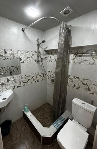 y baño con ducha, aseo y lavamanos. en Комфортная студия в центре города Ванадзор en Vanadzor