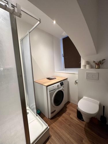 a bathroom with a washing machine and a toilet at Beautiful Studio in the Heart of Salzburg in Salzburg